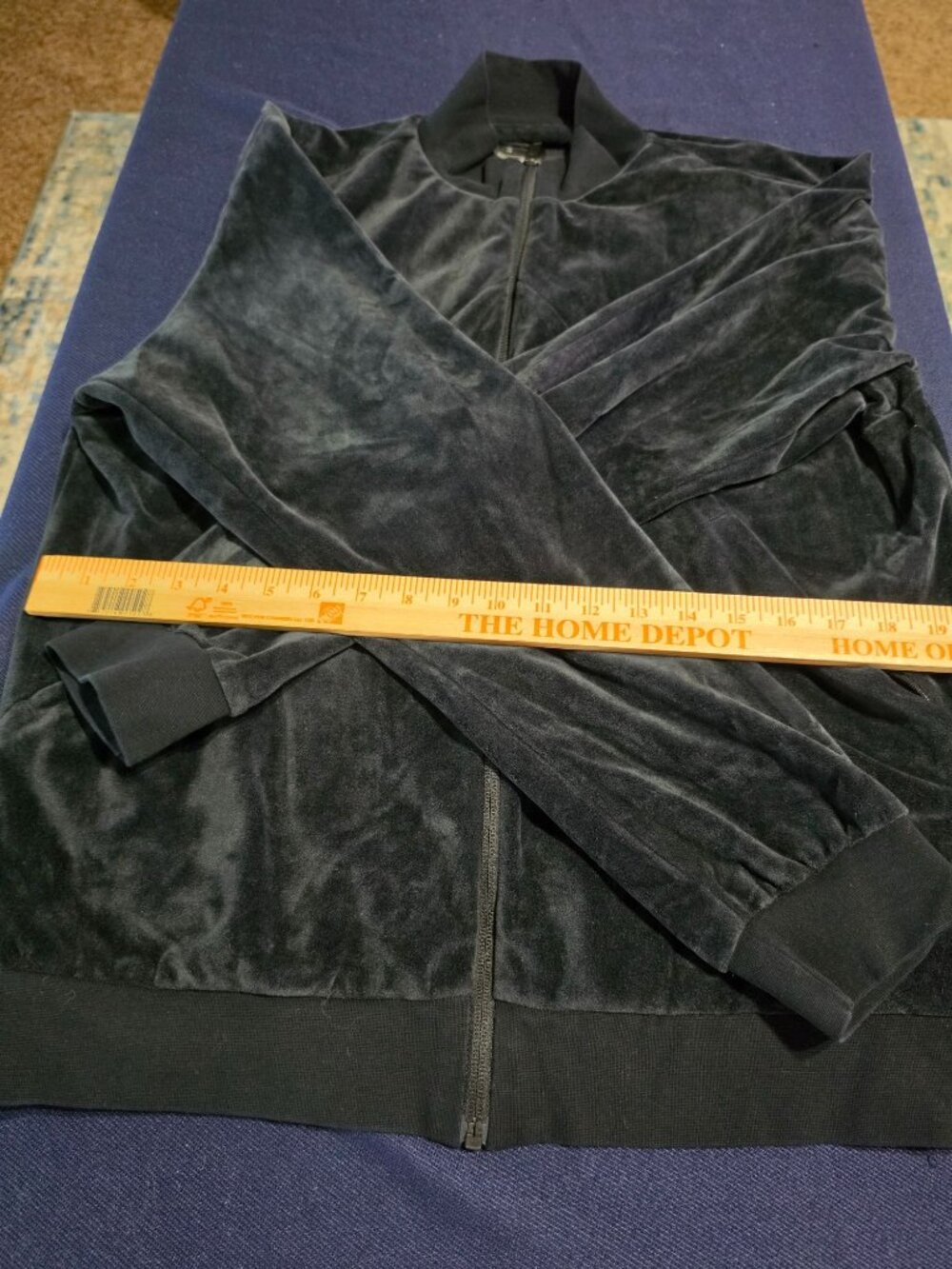 Black Velvet Full-Zip Jacket L With Ribbed Cuffs & Hem - Picture 3 of 14